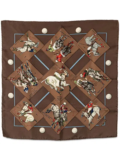 Pre-owned Hermes 20th Century Le Monde Du Polo Pocket Square Silk Scarf Scarves