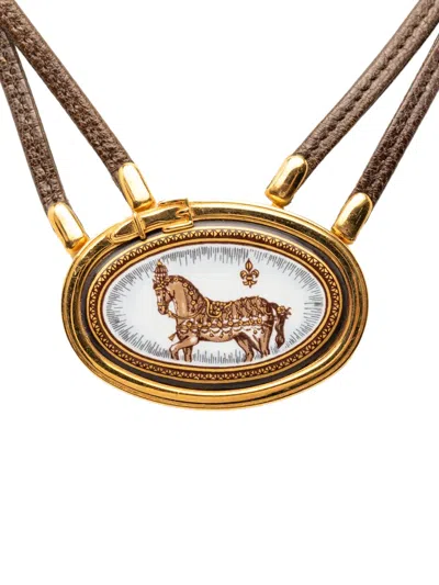 Pre-owned Hermes 20th Century Leather And Enamel Grand Apparat Pendant Necklace Costume Necklace In Brown