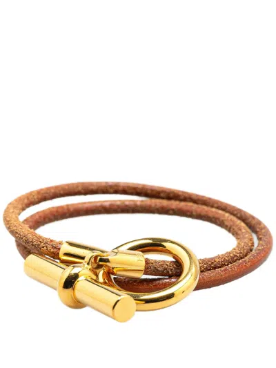 Pre-owned Hermes 20th Century Leather Glenan Double Tour Bracelet Costume Bracelet In Gold