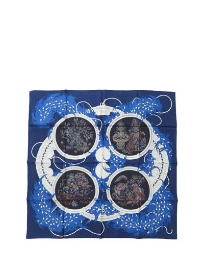 Pre-owned Hermes 20th Century Legende Brodee Silk Scarf Scarves In Blue
