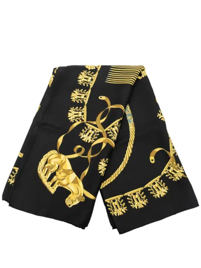 Pre-owned Hermes 20th Century Les Cavaliers D Or Silk Scarf 90 Scarves In Black