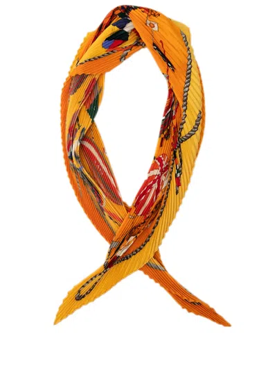 Pre-owned Hermes 20th Century Les Folies Du Ciel Plisse Silk Scarf 140 Scarves In Orange