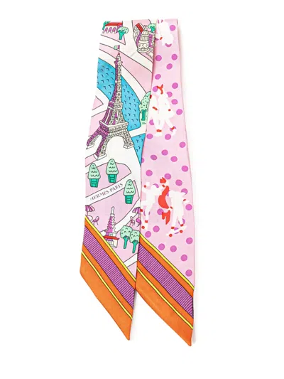 Pre-owned Hermes 20th Century Les Nouveaux Amoureux De Paris Twilly Silk Scarf Scarves In Pink