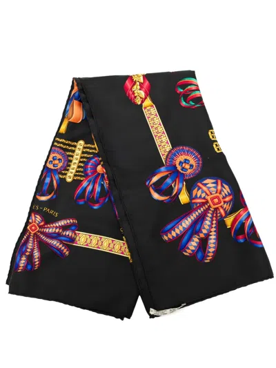 Pre-owned Hermes 20th Century Les Rubans Du Cheval Silk Scarf 90 Scarves In Black