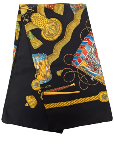 Pre-owned Hermes 20th Century Les Tambours Silk Scarf 90 Scarves In Black