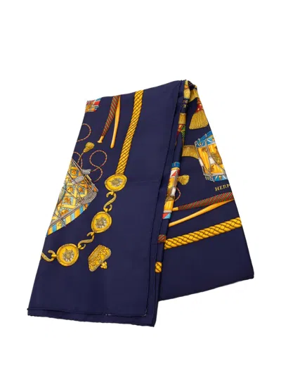 Pre-owned Hermes 20th Century Les Tambours Silk Scarf 90 Scarves In Blue