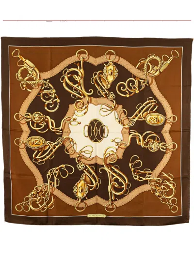 Pre-owned Hermes 20th Century Lift Profile Silk Scarf Scarves In Brown