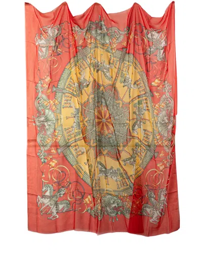 Pre-owned Hermes 20th Century Luna Park Chiffon Silk Scarf Scarves In Red