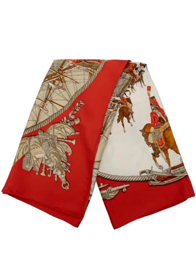 Pre-owned Hermes 20th Century Marine Et Cavalerie Silk Scarf 90 Scarves In Red