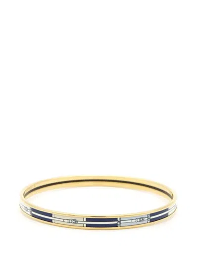 Pre-owned Hermes 20th Century Narrow Belt Pattern Enamel Cloisonne Bangle 65 Costume Bracelet In Gold