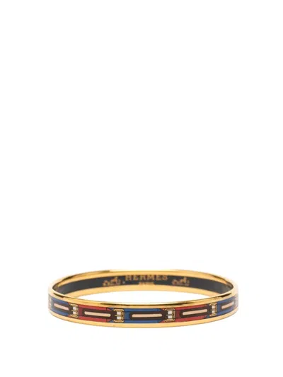 Pre-owned Hermes 20th Century Narrow Belt Print Enamel Bangle 62 Costume Bracelet In Black