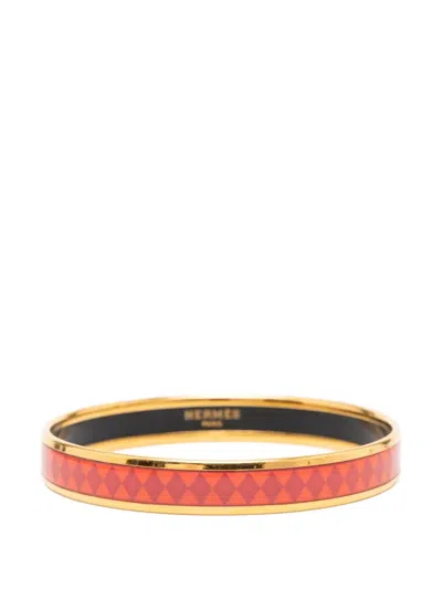 Pre-owned Hermes 20th Century Narrow Diamond Motif Enamel Bangle 62 Costume Bracelet In Gold
