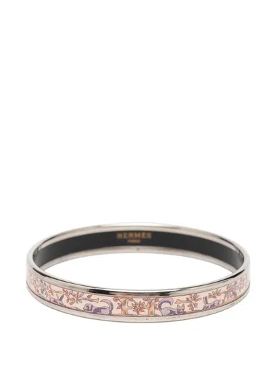 Pre-owned Hermes 20th Century Narrow Forest Animals Enamel Bangle 65 Costume Bracelet In Silver