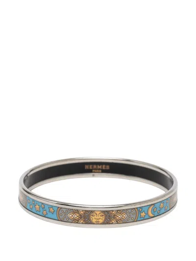 Pre-owned Hermes 20th Century Narrow Sun Moon Stars Enamel Bangle 65 Costume Bracelet In Blue