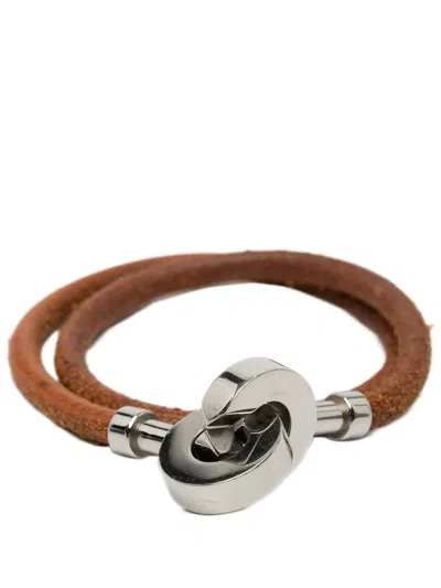 Pre-owned Hermes 20th Century Palladium Plated And Leather Lancelot Double Tour Bracelet Costume Bracelet In Brown