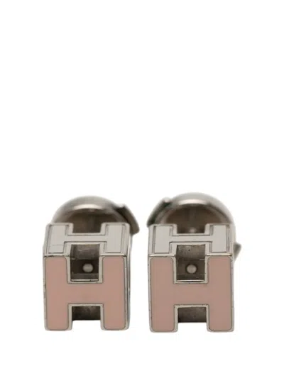 Pre-owned Hermes 20th Century Palladium Plated Enamel Cage Dh Cube Push Back Earrings Costume Earrings In Pink