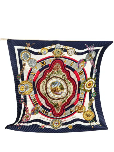 Pre-owned Hermes 20th Century Parmi Les Fleurs Je Compte Les Heures Plisse Silk Scarf Scarves In Blue