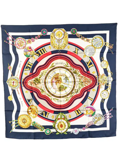 Pre-owned Hermes 20th Century Parmi Les Fleurs Je Compte Les Heures Silk Scarf Scarves In Blue