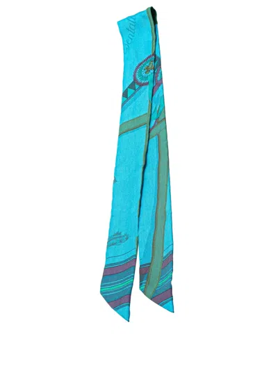 Pre-owned Hermes 20th Century Printed Silk Twilly Scarf Scarves In Blue