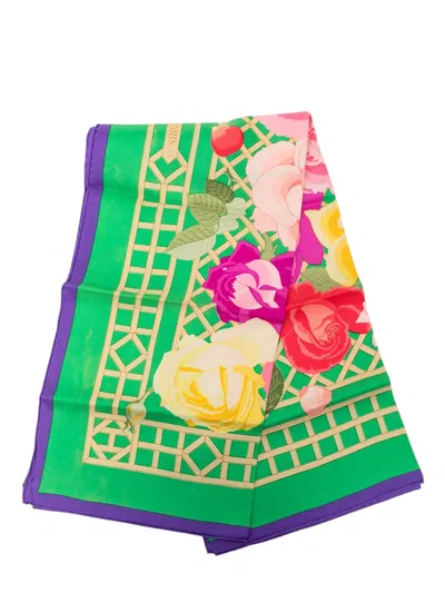 Pre-owned Hermes 20th Century Roseraie Silk Scarf 90 Scarves In Green