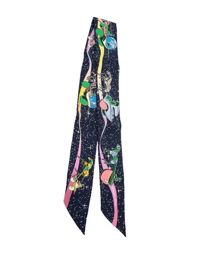 Pre-owned Hermes 20th Century Space Derby Silk Twilly Scarf Scarves In Blue