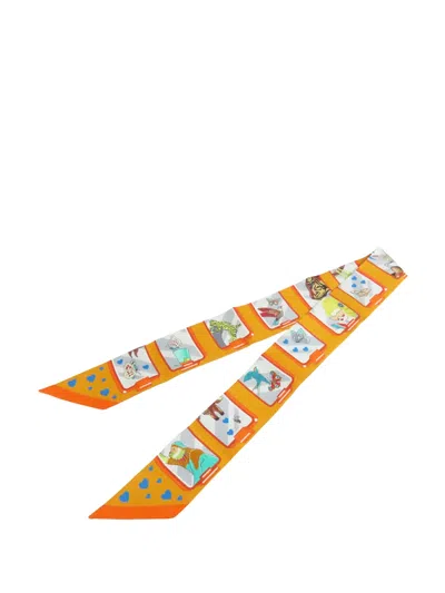 Pre-owned Hermes 20th Century Story Silk Twilly Scarf Scarves In Orange