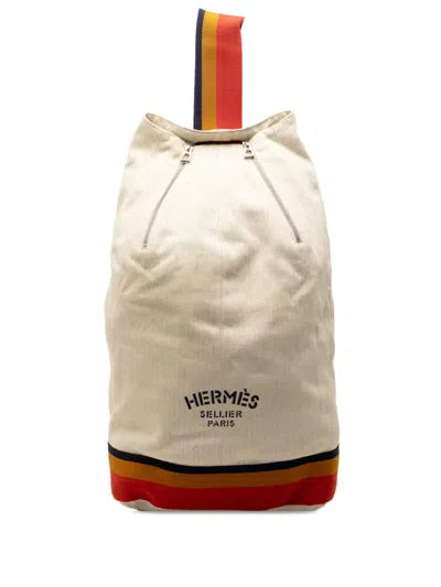 Pre-owned Hermes 20th Century Toile Chevron Cavalier Sling Bag Backpack In White