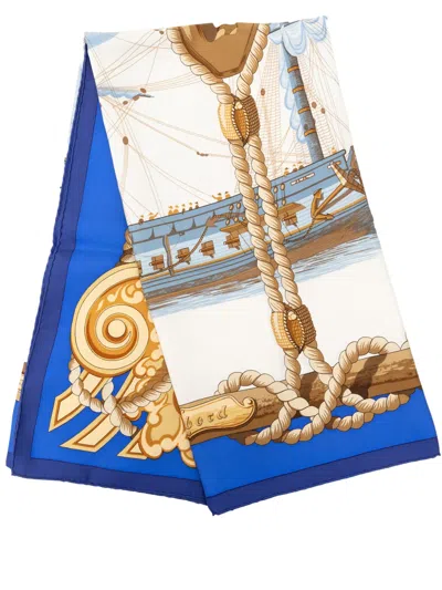 Pre-owned Hermes 20th Century Tribord Silk Scarf 90 Scarves In Blue