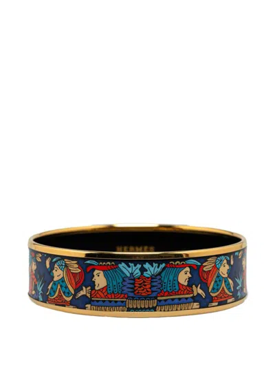 Pre-owned Hermes 20th Century Wide American Indian Enamel Bangle 62 Costume Bracelet In Blue