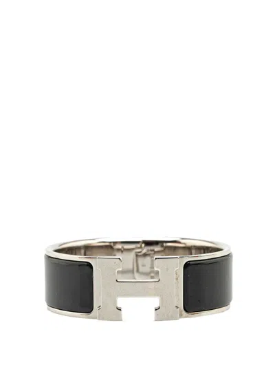 Pre-owned Hermes 20th Century Wide Enamel Clic Clac H Bracelet Pm Costume Bracelet In Black