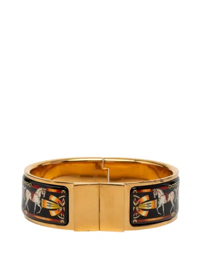 Pre-owned Hermes 20th Century Wide Enamel Equestrian Loquet Bracelet Gm Costume Bracelet In Black