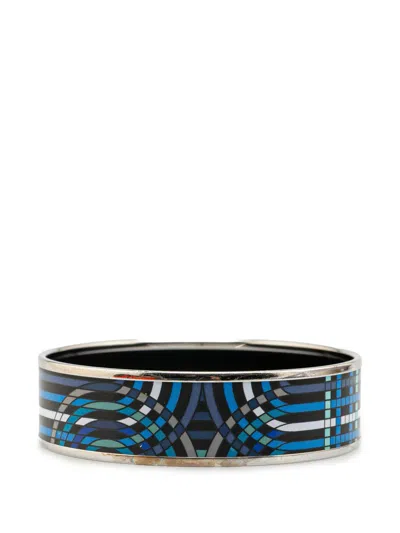 Pre-owned Hermes 20th Century Wide Geometric Enamel Bangle 65 Costume Bracelet In Blue