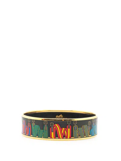Pre-owned Hermes 20th Century Wide Les Sangles Enamel Bangle 65 Costume Bracelet In Black