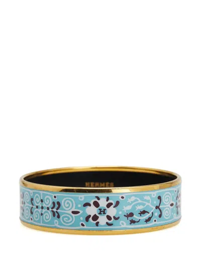 Pre-owned Hermes 20th Century Wide Petits Chevaux De Hongrie Enamel Bangle 62 Costume Bracelet In Blue