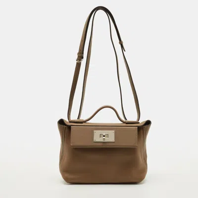 Pre-owned Hermes 24/24 21 Palladium Finish Beige De Weimar Evercolor And Swift Leather Top Handle Bag In Sand