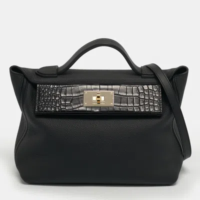 Pre-owned Hermes Hermès 24/24 29 Electrum Noir Matte Alligator And Togo Leather Bag In Black