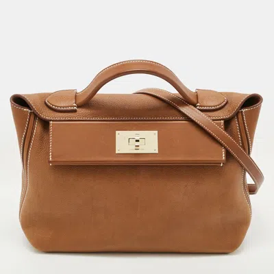 Pre-owned Hermes 24/24 29 Gold Finish Fauve Barenia Faubourg Leather Bag In Brown
