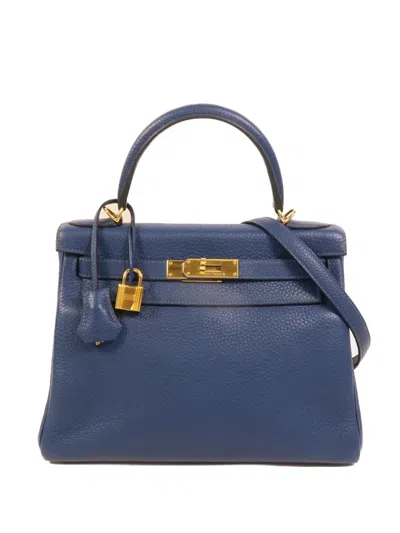 Pre-owned Hermes 28 Kelly Leather Tote Bag In Blue