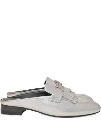 Pre-owned Hermes 30mm Rivoli Fringed Mules In Silver