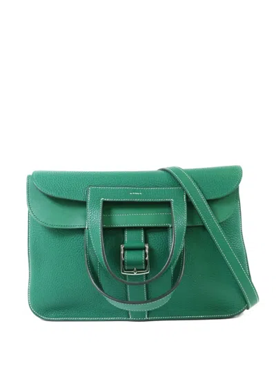 Pre-owned Hermes 31 Halzan Clemence-leather Tote Bag In Green