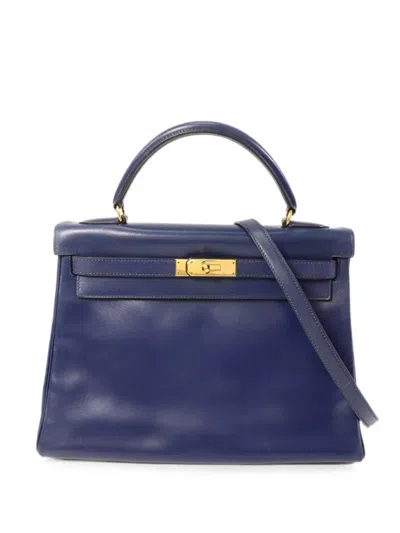 Pre-owned Hermes 32 Kelly Leather Tote Bag In Blue