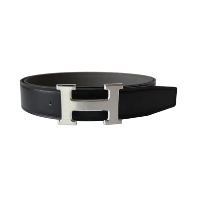 Hermes 32 Mm H Reversible Belt Strap Noir Etain In Blue