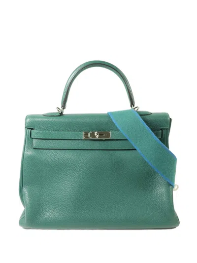 Pre-owned Hermes 35 Kelly Calfskin Tote Bag In Green
