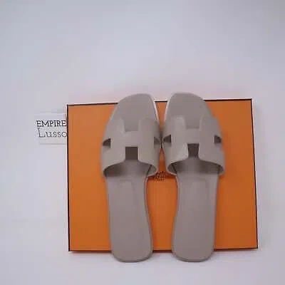 Pre-owned Hermes 38  Oran H Sandals Slippers Classic Beige Mastic