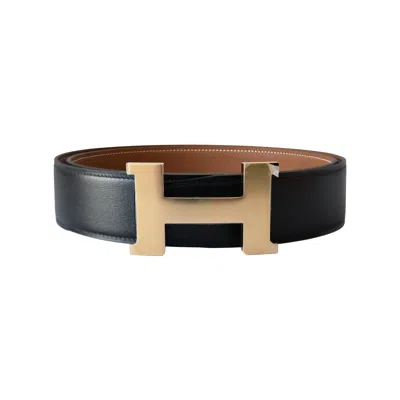 Pre-owned Hermes 38mm Gold H-shaped Buckle Reversible Leather Belt Gold Hardware Black