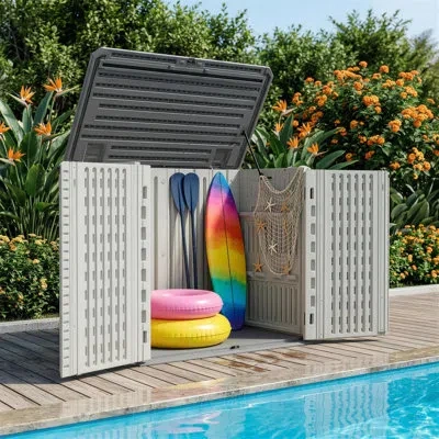 Hermes 4.2 Ft. W X 2.4 Ft. D Outdoor Resin Horizontal Storage Shed, Plastic Resin Trash Can Tool Shed Cabin In White