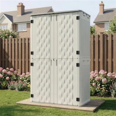 Hermes 4.2 Ft. W X 2.4 Ft. D Outdoor Resin Vertical Storage Shed, Plastic Resin Trash Can Tool Shed Cabinet In White