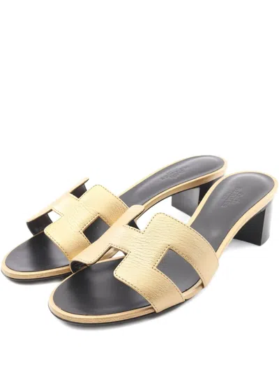 Pre-owned Hermes 50mm H-strap Leather Sandals In Neutral
