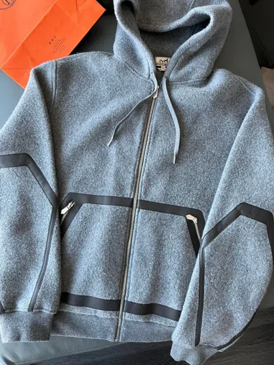 Pre-owned Hermes $5k Super Runway Leather Cashmere Hooded Sweater In Grey