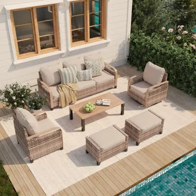 Hermes 5-person Patio Furniture Set With Single Seat, Swivel Chair, 3-seater, 2 Ottomans & Coffee Table, Ou In Multi
